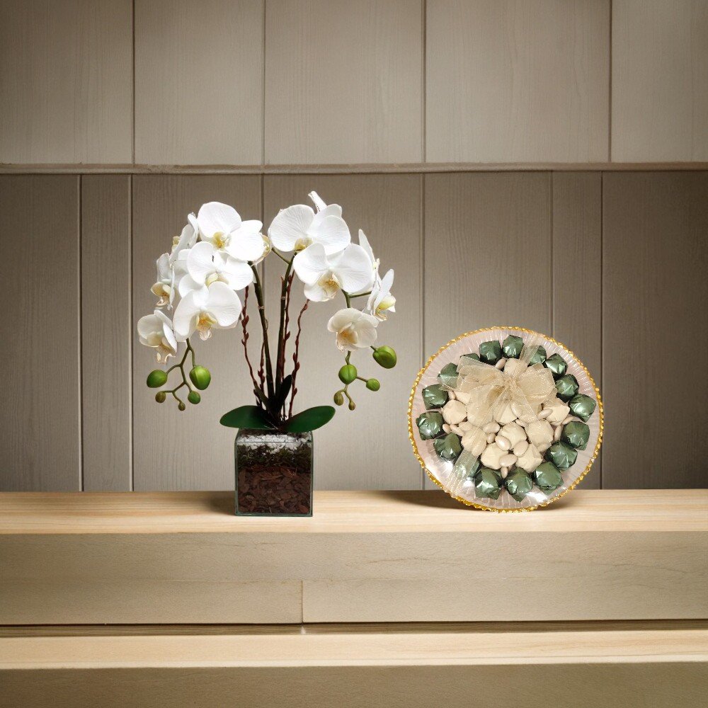 Warm & Cozy - White Orchid 2 Stems with Bousheyeh's Chocolate Platter 1KG