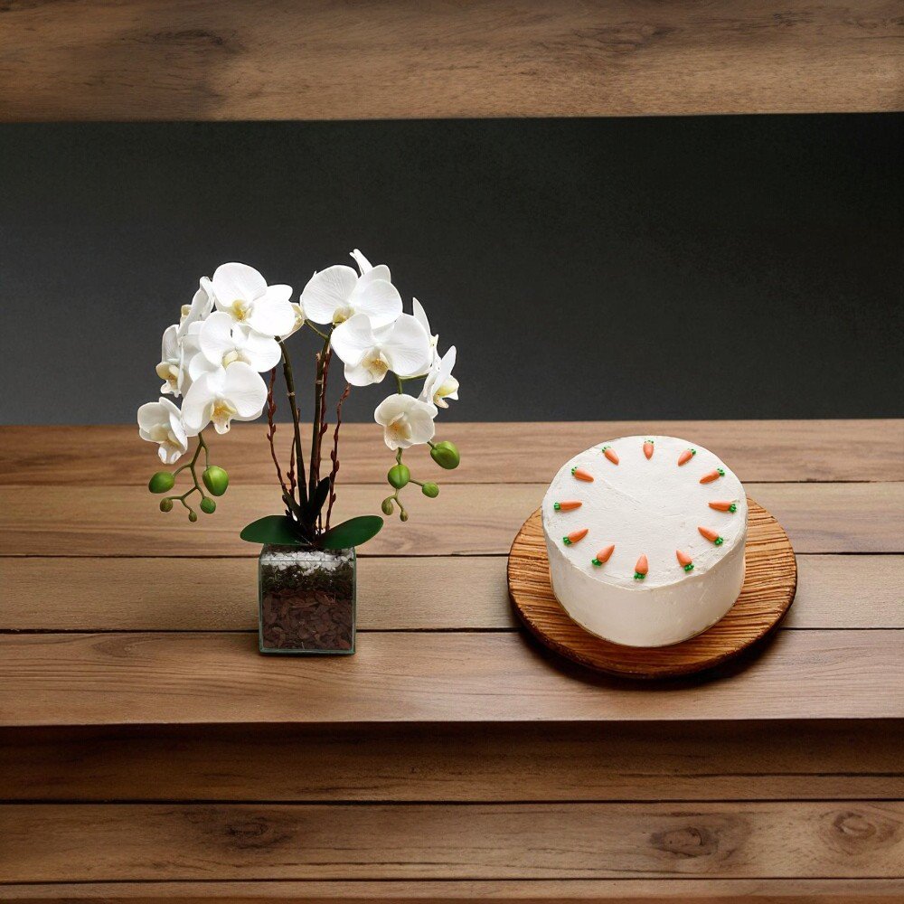Warm & Cozy - White Orchid 2 Stems with Carrot Cake Serves 12 Persons