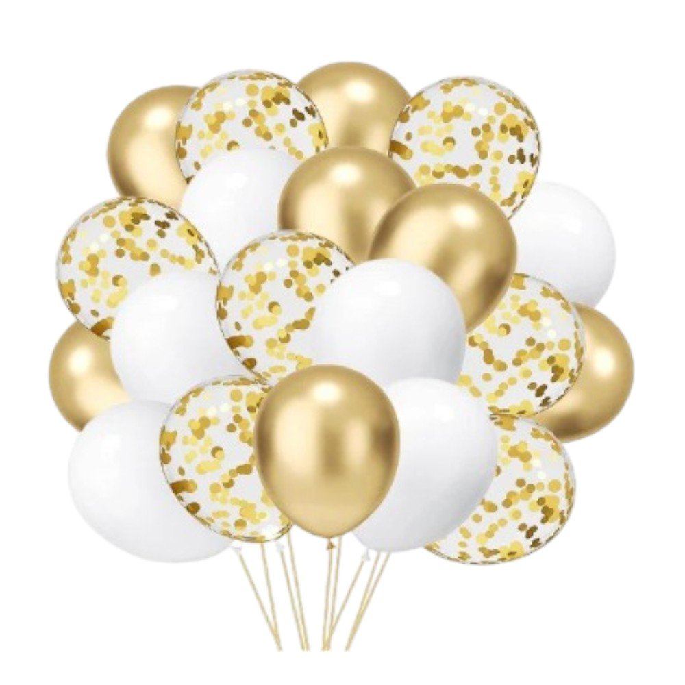 White-Golden Chrome/Latex/Confetti Balloon Bunch
