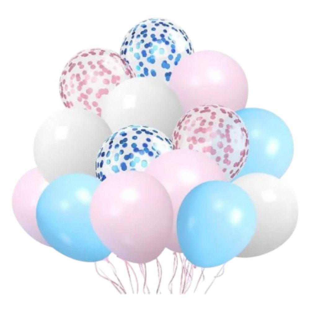 White-Pink-Blue Chrome/Latex/Confetti Balloon Bunch