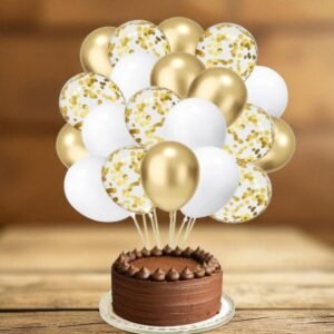 Warm & Cozy - Chocolate Cake for 12 Persons with White-Golden Balloon Bunch