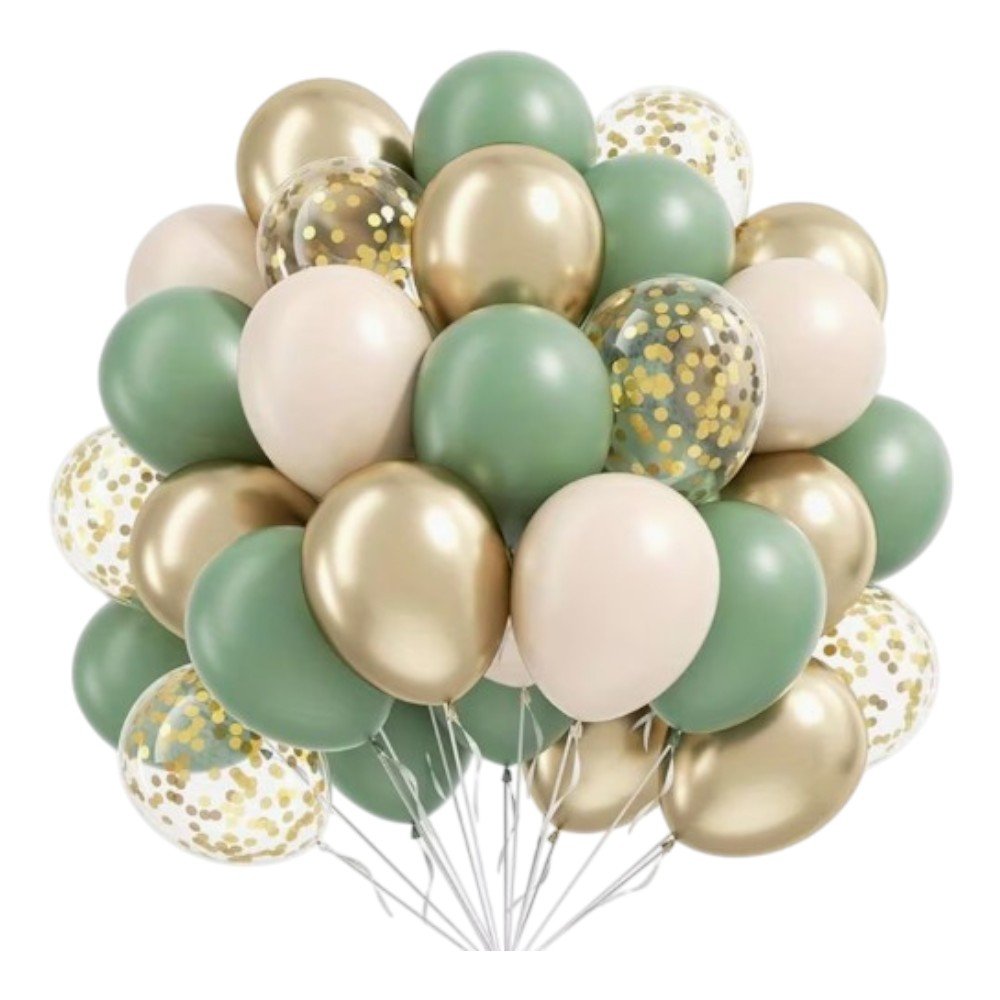 Green-White-Golden Chrome/Latex/Confetti Balloon Bunch