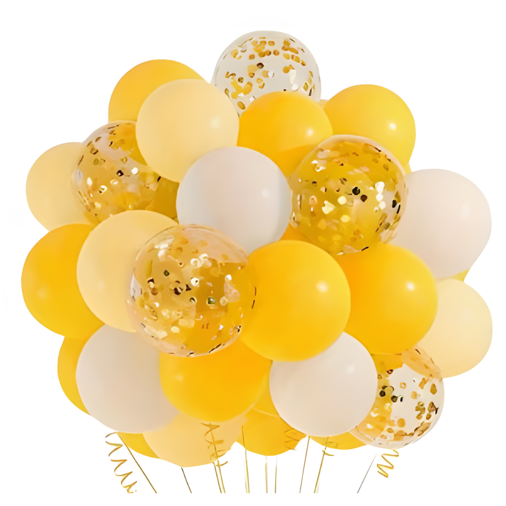 White-Yellow Chrome/Latex/Confetti Balloon Bunch