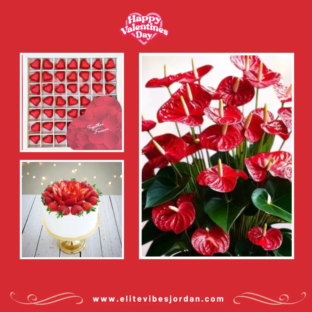 Red Anthurium with Bousheyeh's Valentine's Chocolate Box 750gm & Strawberry Cake serves 12 persons
