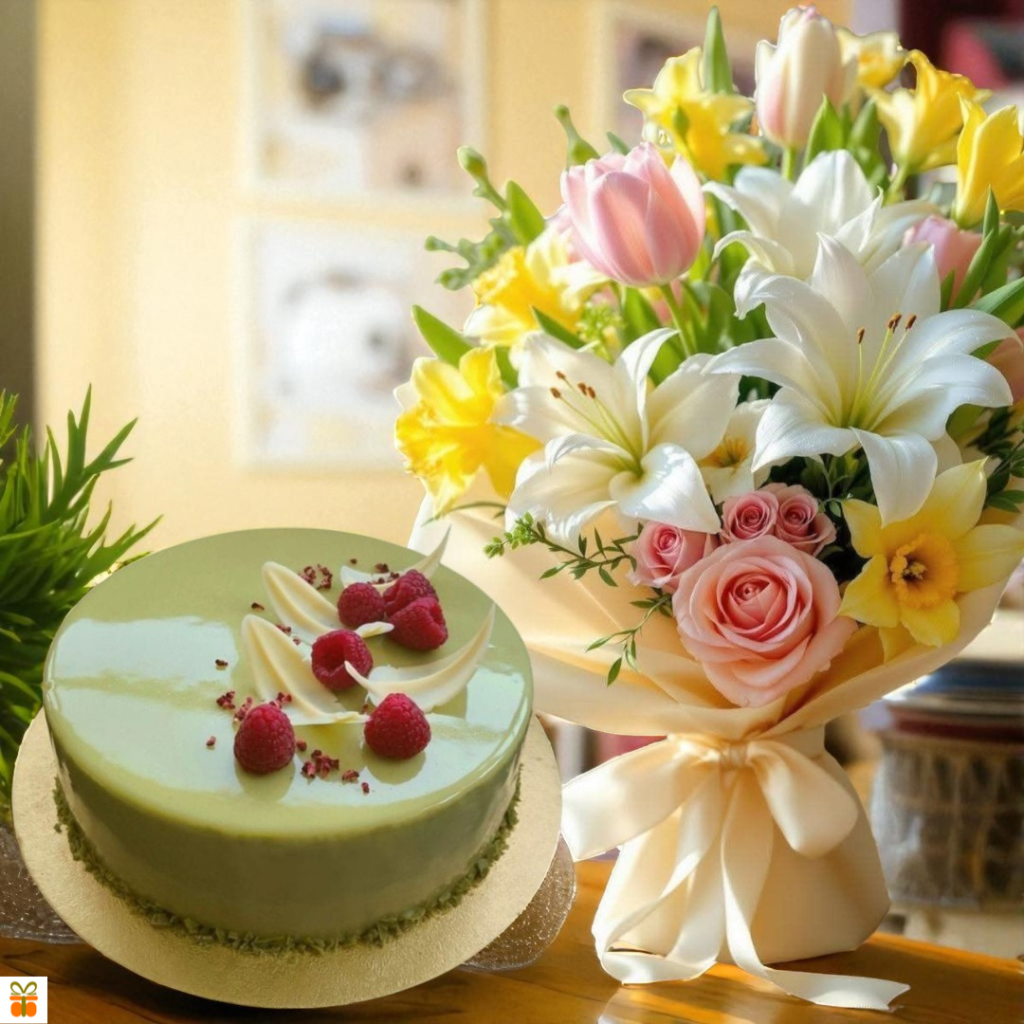 Green frosted cake topped with raspberries and cream swirls beside a pastel bouquet of pink roses and white lilies.