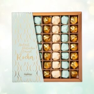 Gift box of assorted wrapped chocolates arranged in a grid pattern inside a rose-gold box with a pale blue lid text panel at left,