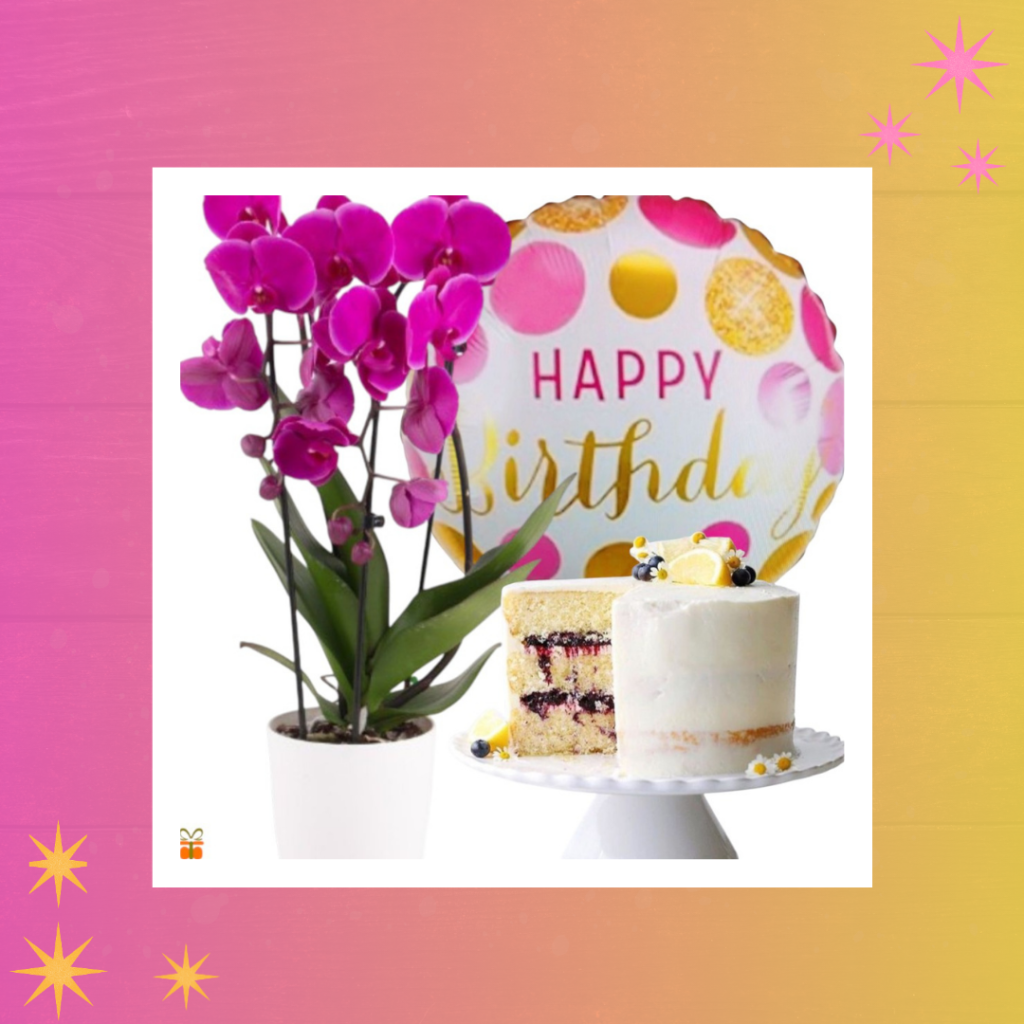 Birthday scene with a white frosted cake on a cake stand, a pink orchid in a white pot, and a round 'Happy Birthday' balloon in the background.