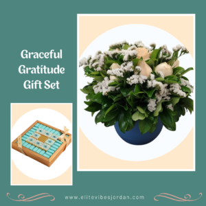 Promotional collage for Graceful Gratitude Gift Set: a white floral bouquet in a blue vase beside a boxed chocolate set on a peach circle on teal background.