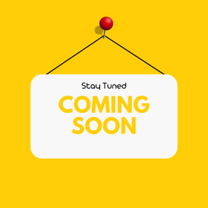 Yellow background with a white rounded sign hanging by cords; reads 'Stay Tuned' and 'COMING SOON' in bold yellow letters on white.