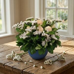 Blue round ceramic pot with a lush bouquet of green leaves and white flowers on a rustic wooden table by a bright window.