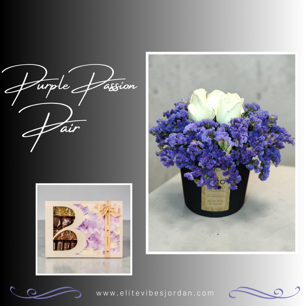 Brand collage with 'Purple Passion Pair' script, showing a purple flower bouquet (white roses) and a lilac-patterned chocolate box on a gray gradient background with decorative borders.