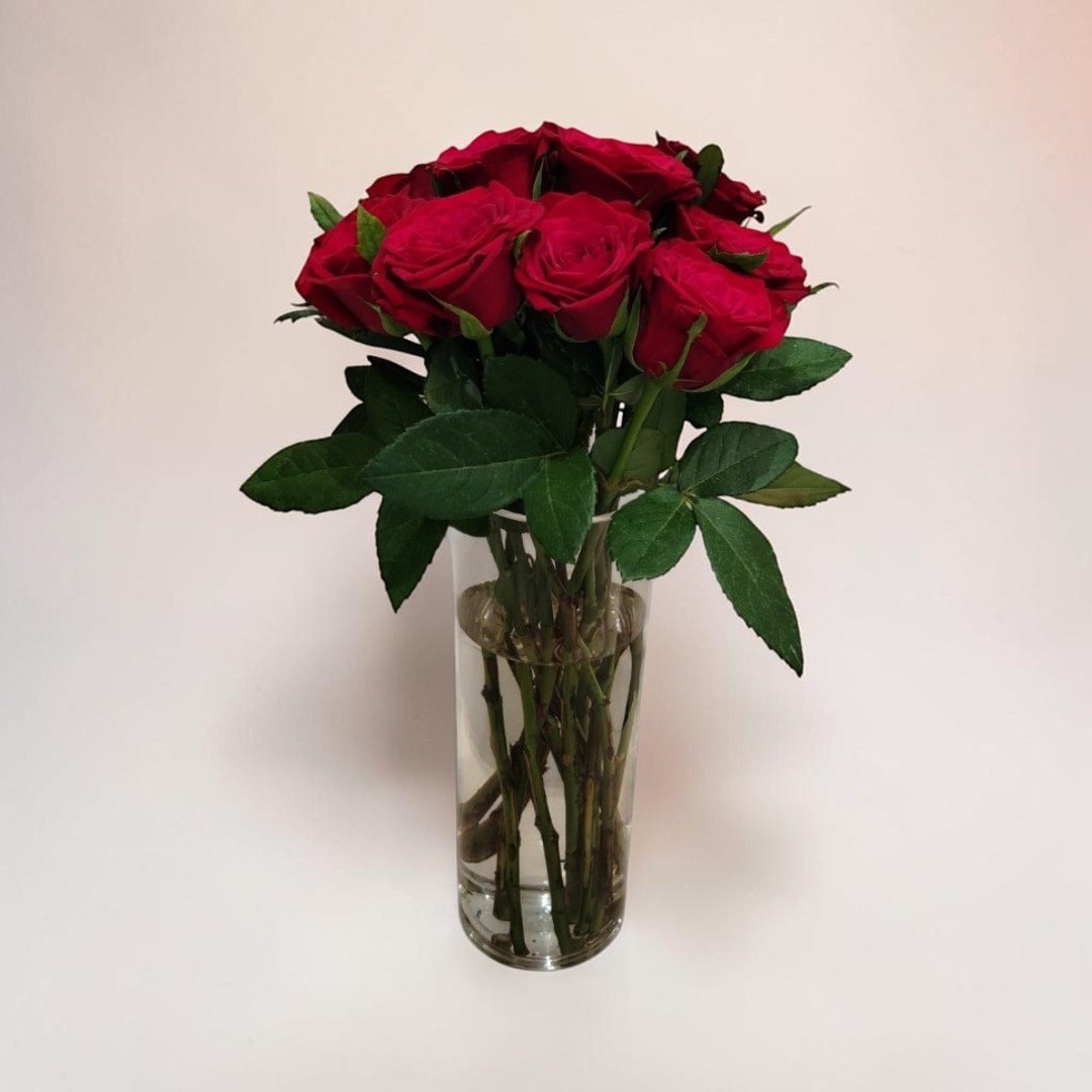 Red Roses | Elite Vibes - Jordan Bouquet of red roses in a tall clear vase with green leaves and visible stems in water against a light background, close-up view of the arrangement.