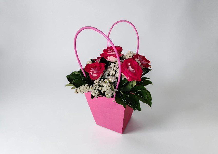IMG_20260624_185602 | Elite Vibes - Jordan Pink gift bag holding a bouquet of pink roses and white filler flowers, against a light background.